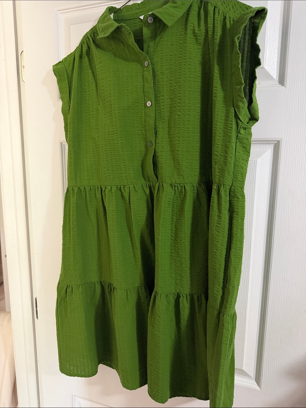 Green Tiered Button-Front Dress with pockets